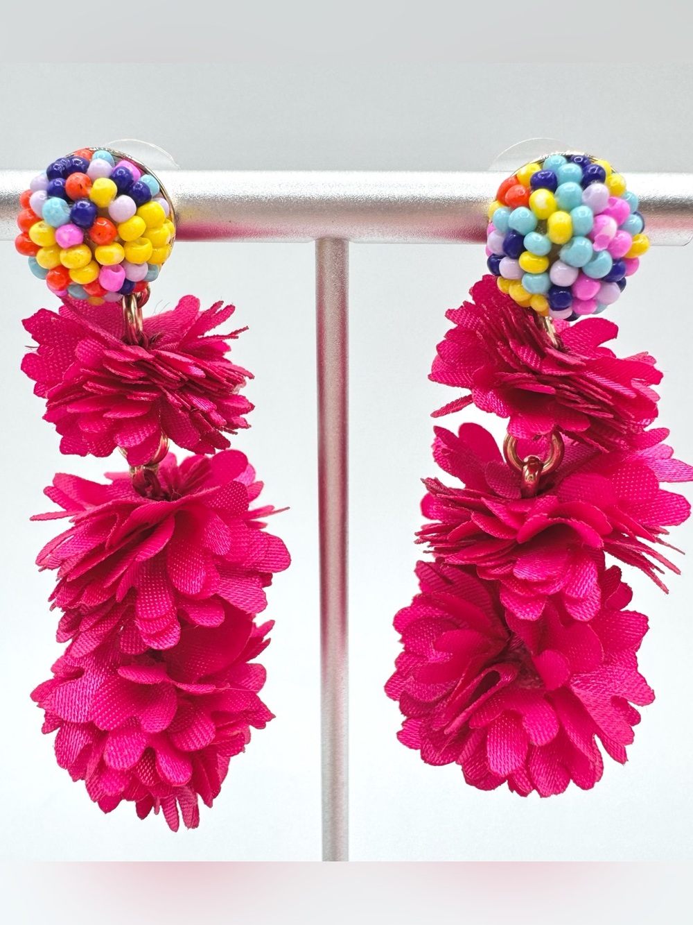 J.Crew Factory Hot Pink Beaded Blossom Drop Earrings Flirty Fiesta Garden Party